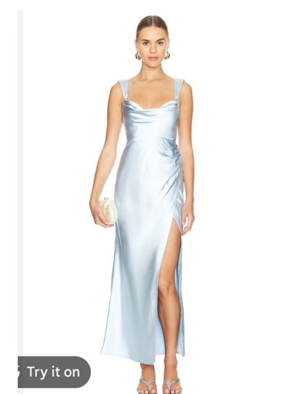 Runaway the Label Havanna Dress Blue Satin Maxi Gown XS Cowl Neck High Slit